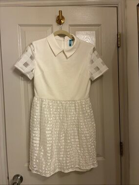 Girls' White Peter Collar Textured Skirt Dress